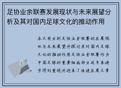 足协业余联赛发展现状与未来展望分析及其对国内足球文化的推动作用