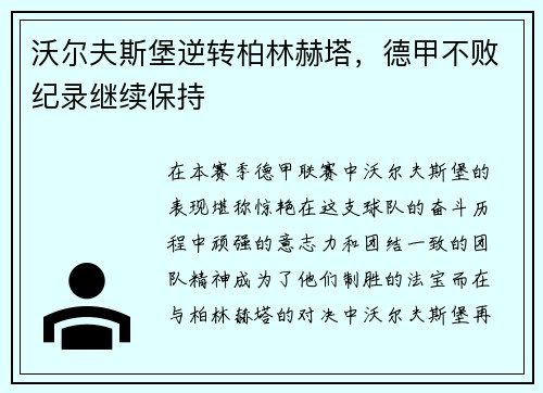 沃尔夫斯堡逆转柏林赫塔，德甲不败纪录继续保持