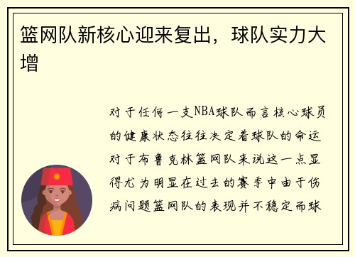 篮网队新核心迎来复出，球队实力大增