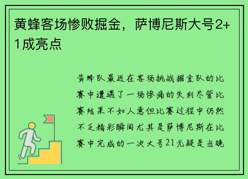 黄蜂客场惨败掘金，萨博尼斯大号2+1成亮点
